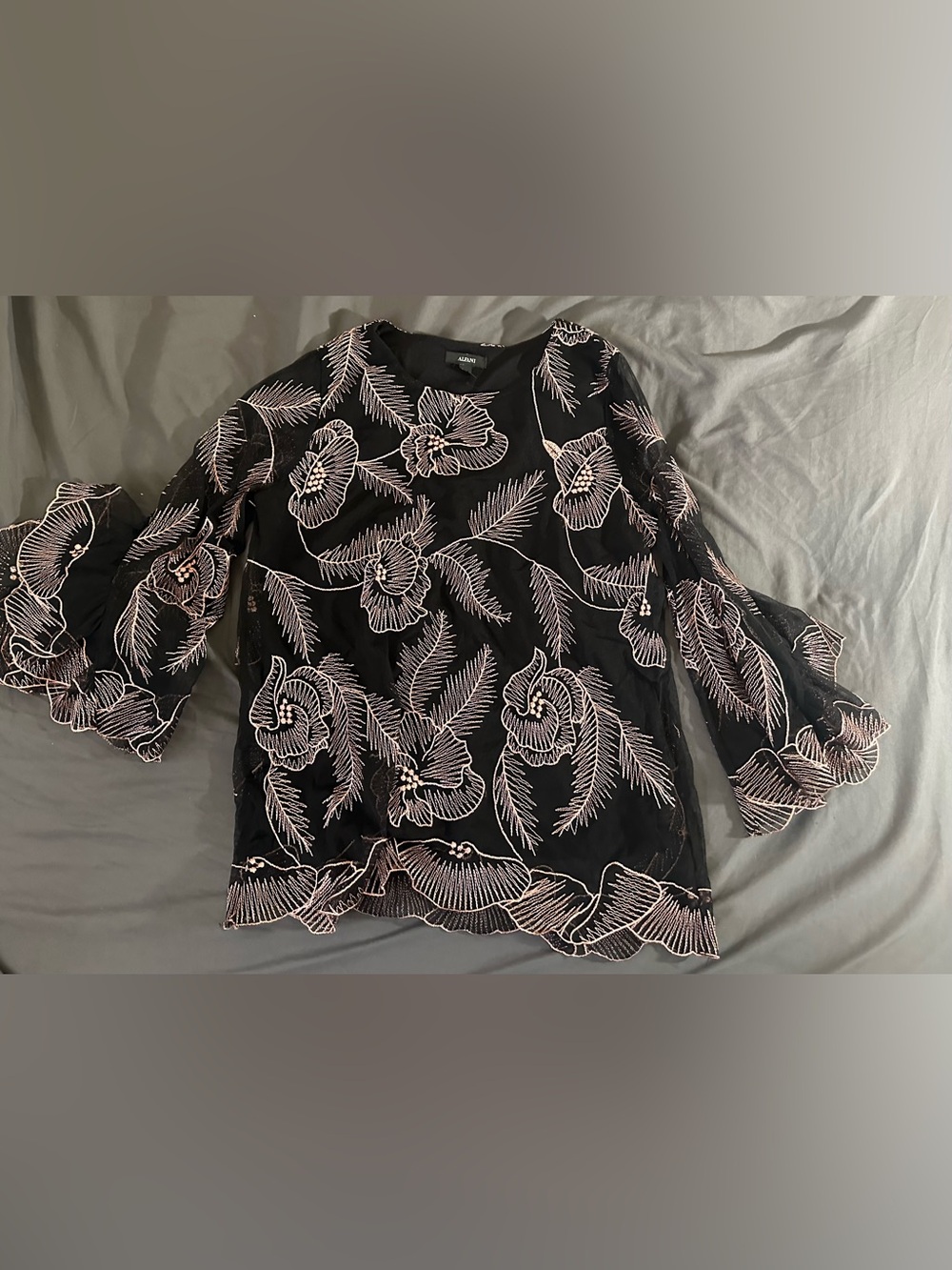 Alfani Black Blouse with Pink Floral Stitching